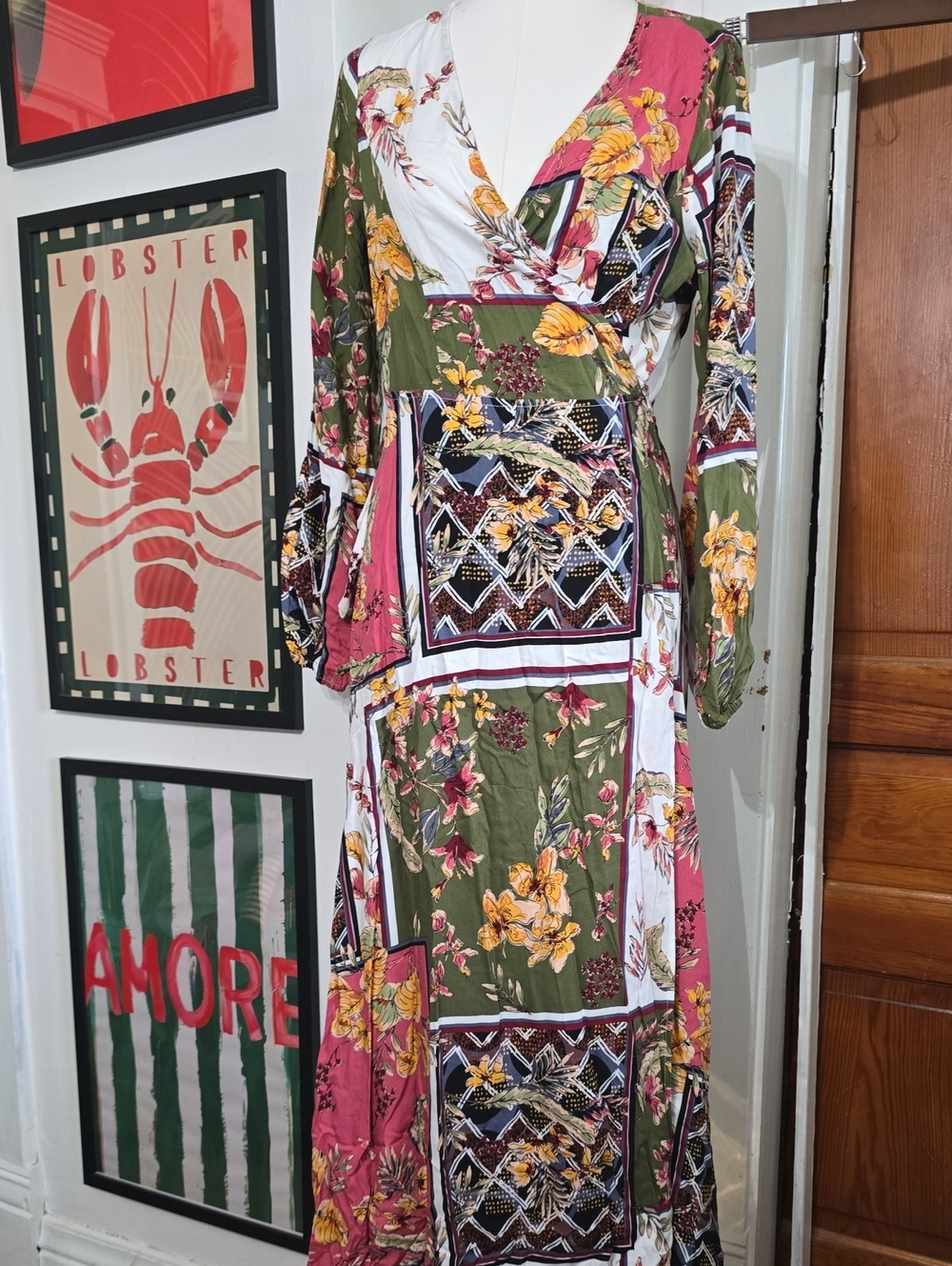 Nwt Hayden La Olive, Pink & White Floral Patchwork Wrap Maxi Dress
